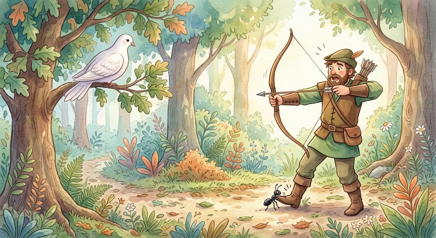 The ant later biting a hunter's foot just as he aims his bow at the dove