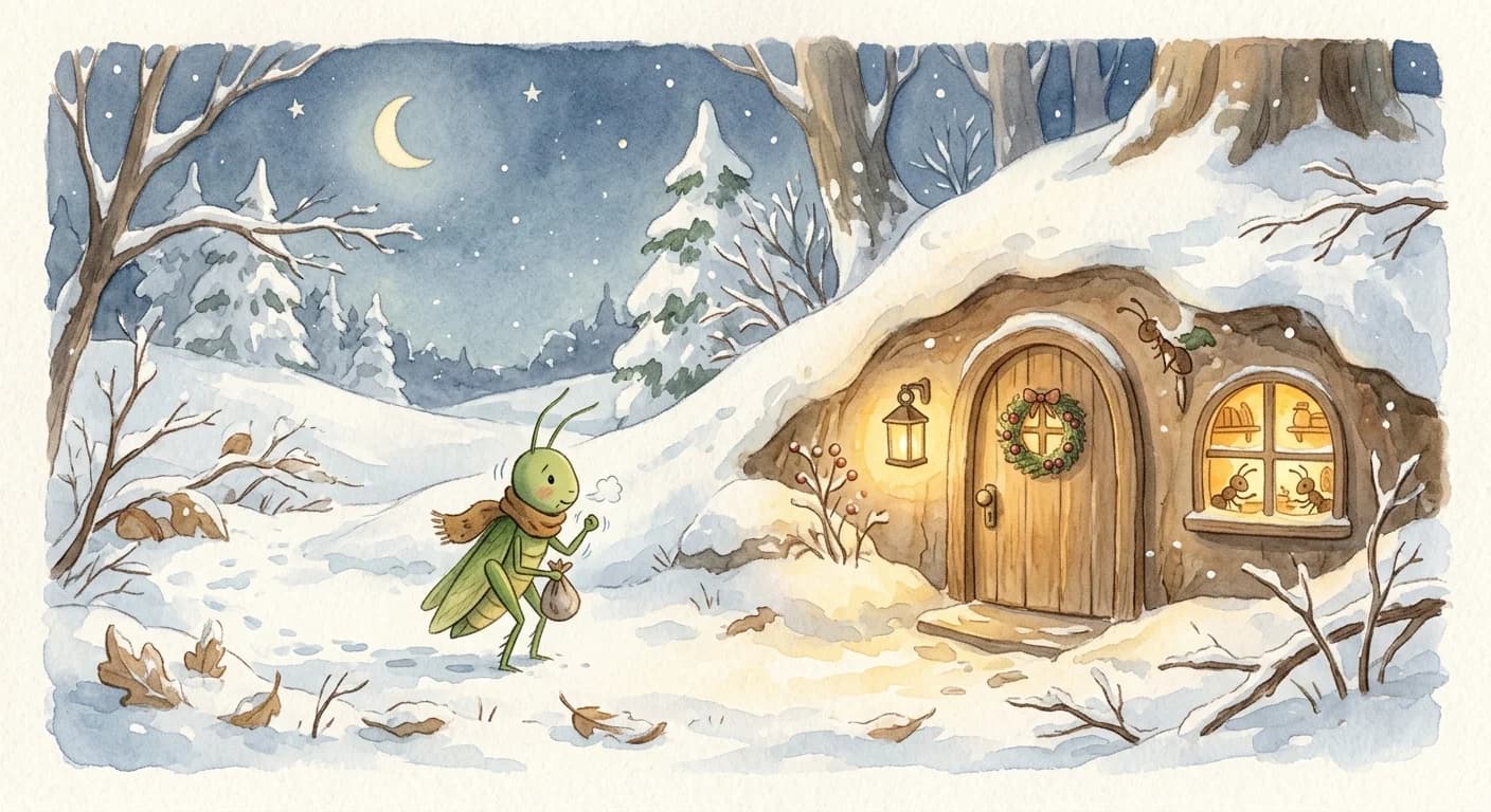 A shivering grasshopper in the snow knocking on the ant's cozy underground home in winter