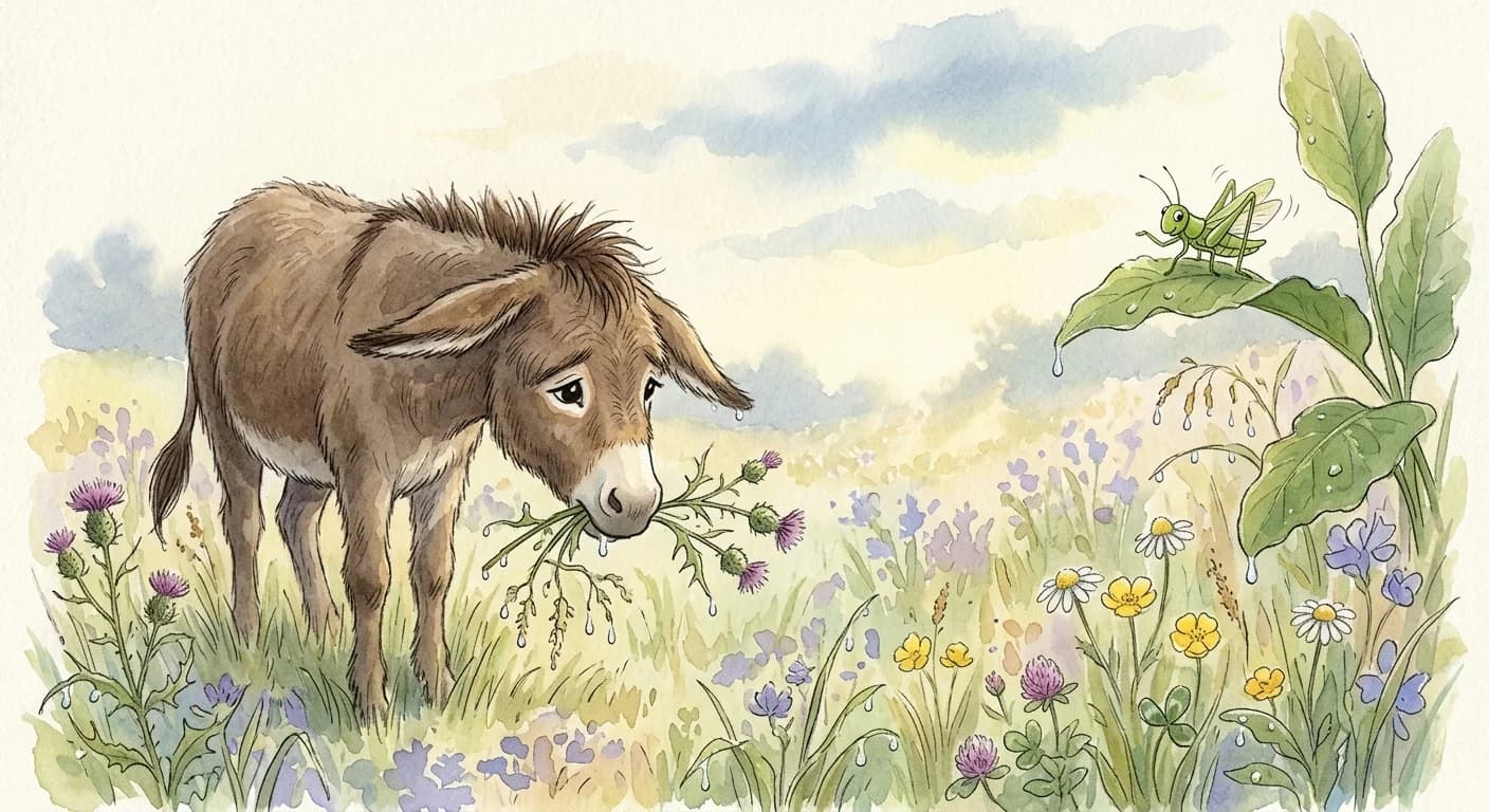 The donkey eating dew-soaked weeds to copy the grasshopper's song and only becoming weaker and sadder