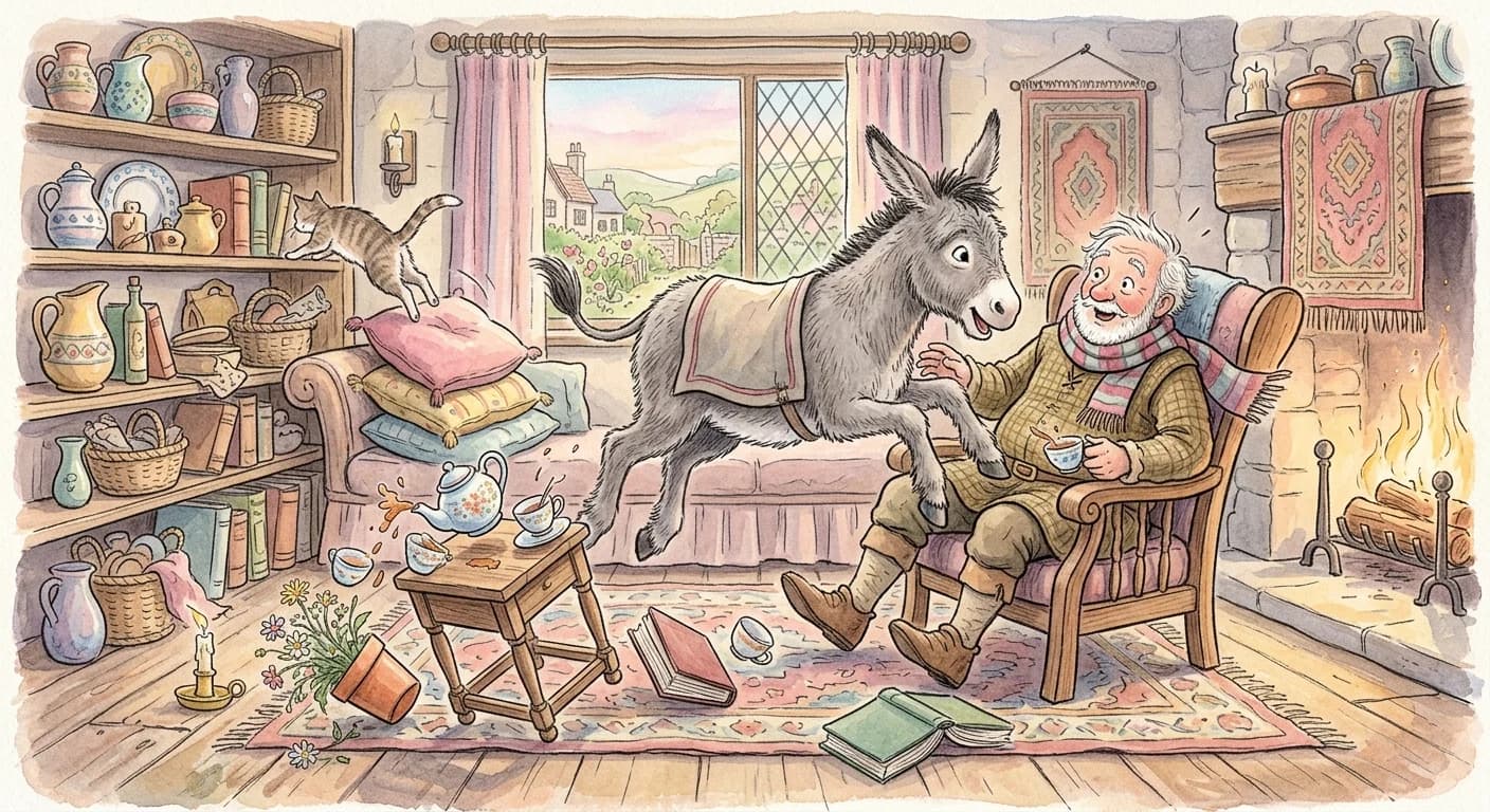 The donkey trying to leap into the master's lap and causing chaos across the room