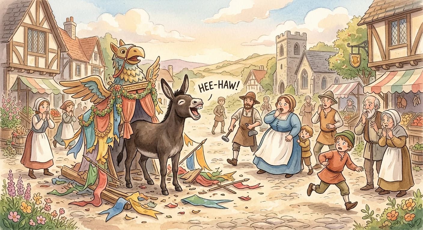 The donkey opening its mouth to bray and revealing itself while frightened villagers realize the trick