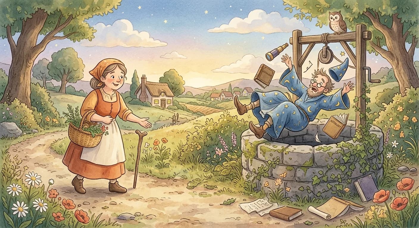 The astronomer falling into a well while a passerby tells him to learn what lies at his feet before studying the heavens