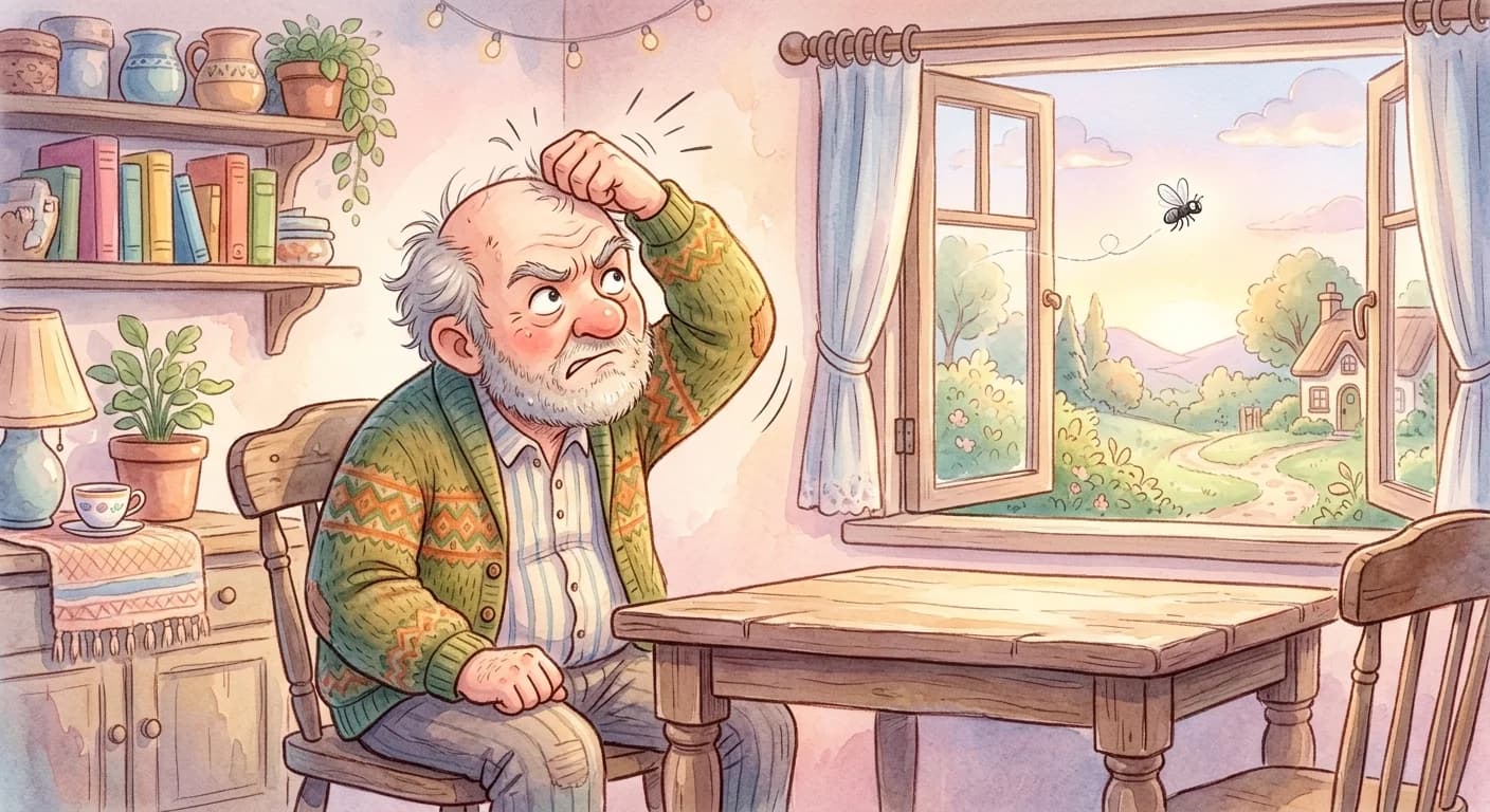 The man striking his own scalp in anger while the fly escapes unharmed