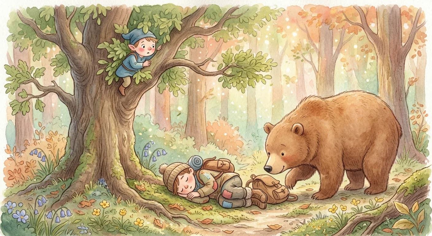 One traveler hiding in a tree while the other lies still on the ground as the bear sniffs and leaves