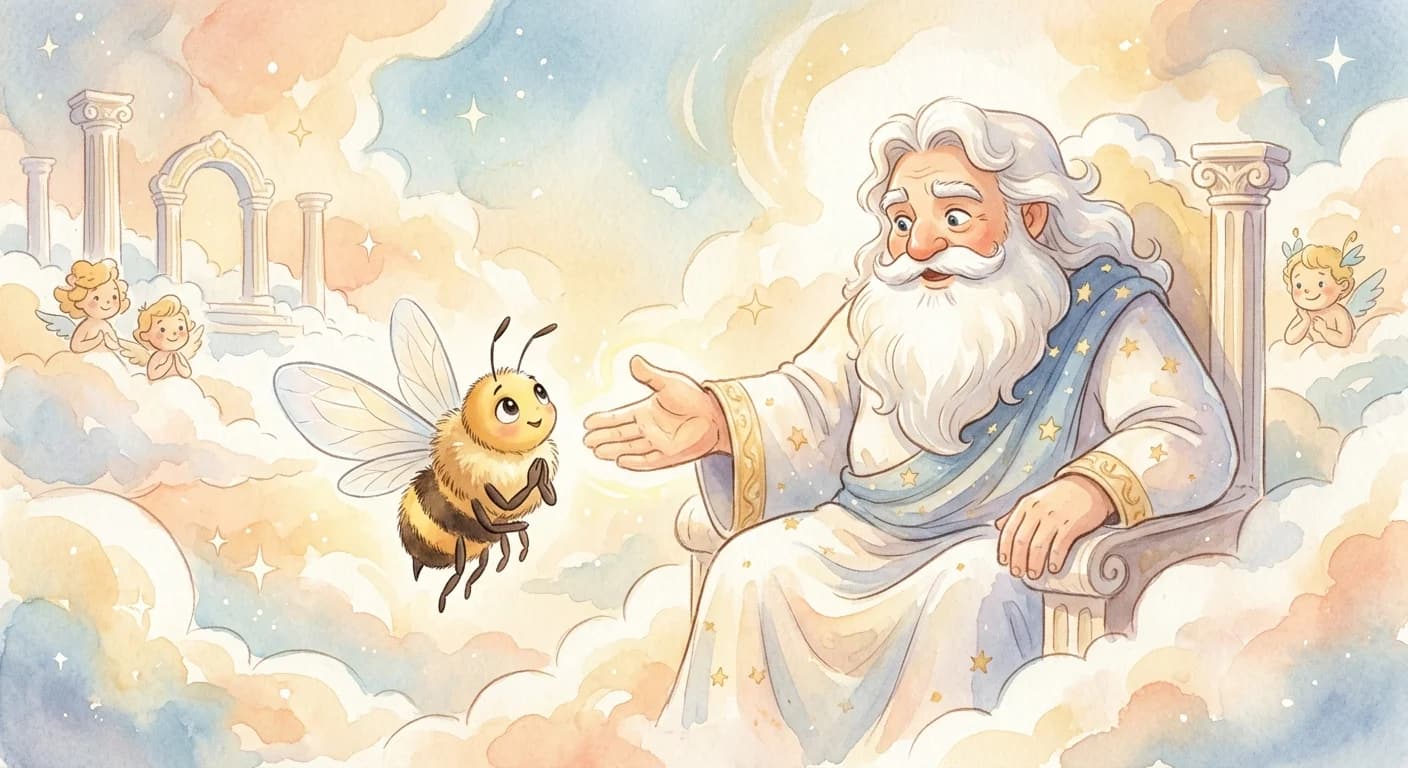 Jupiter granting the sting but declaring that the bee itself will die each time it uses the weapon