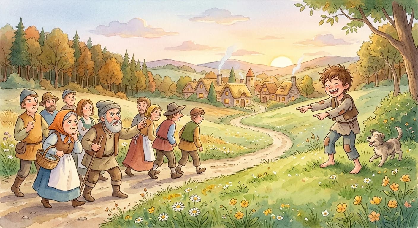 Angry villagers turning away from the laughing boy who tricked them again, walking back to the village