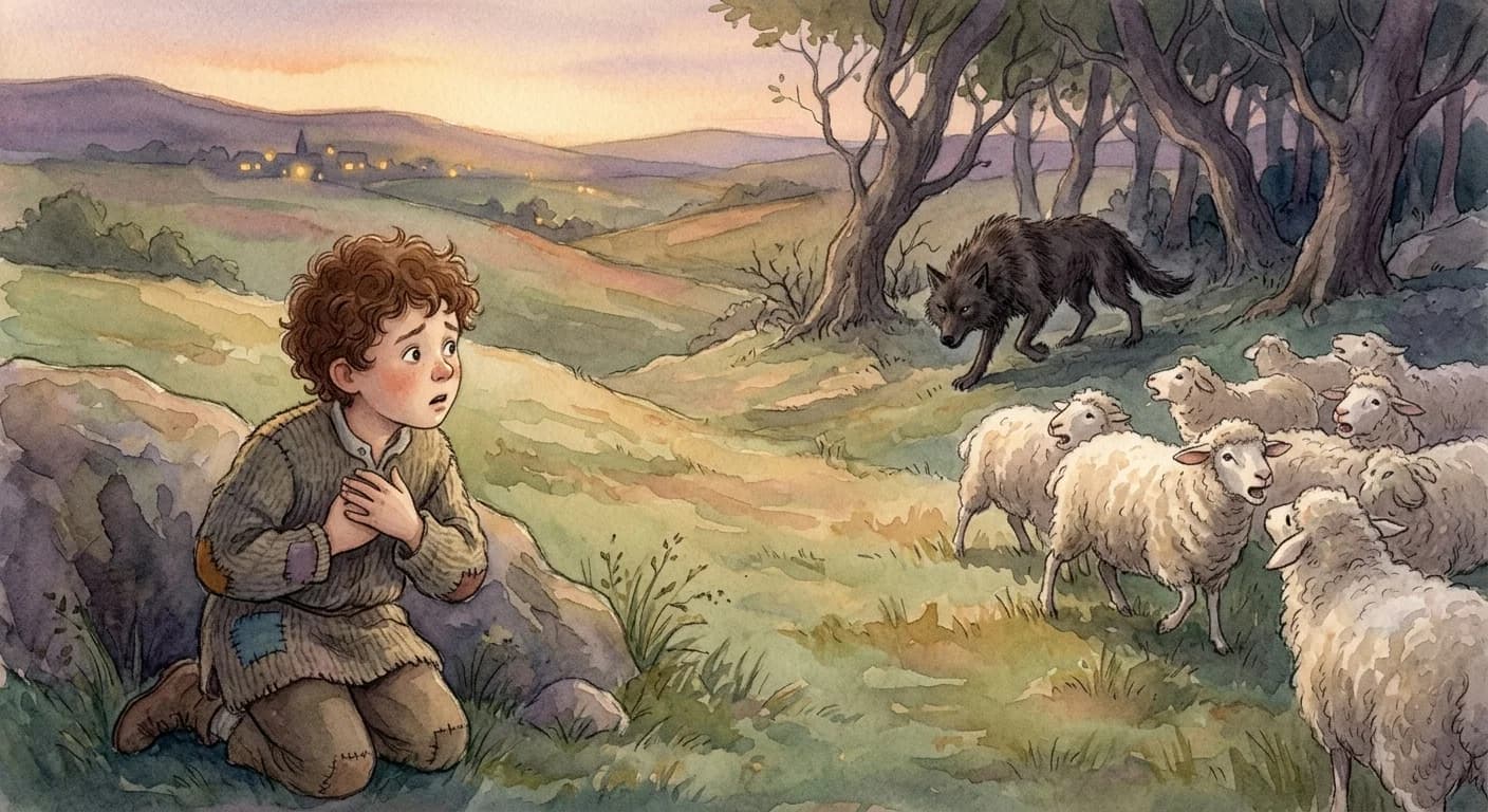 A real wolf approaching the terrified boy's sheep flock at dusk while no villagers come to help