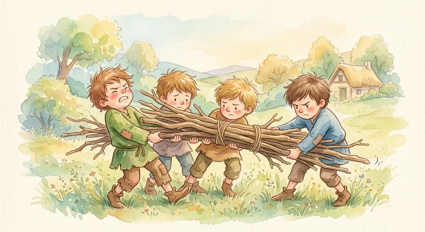 The sons struggling to break the bundle of sticks together, unable to snap them
