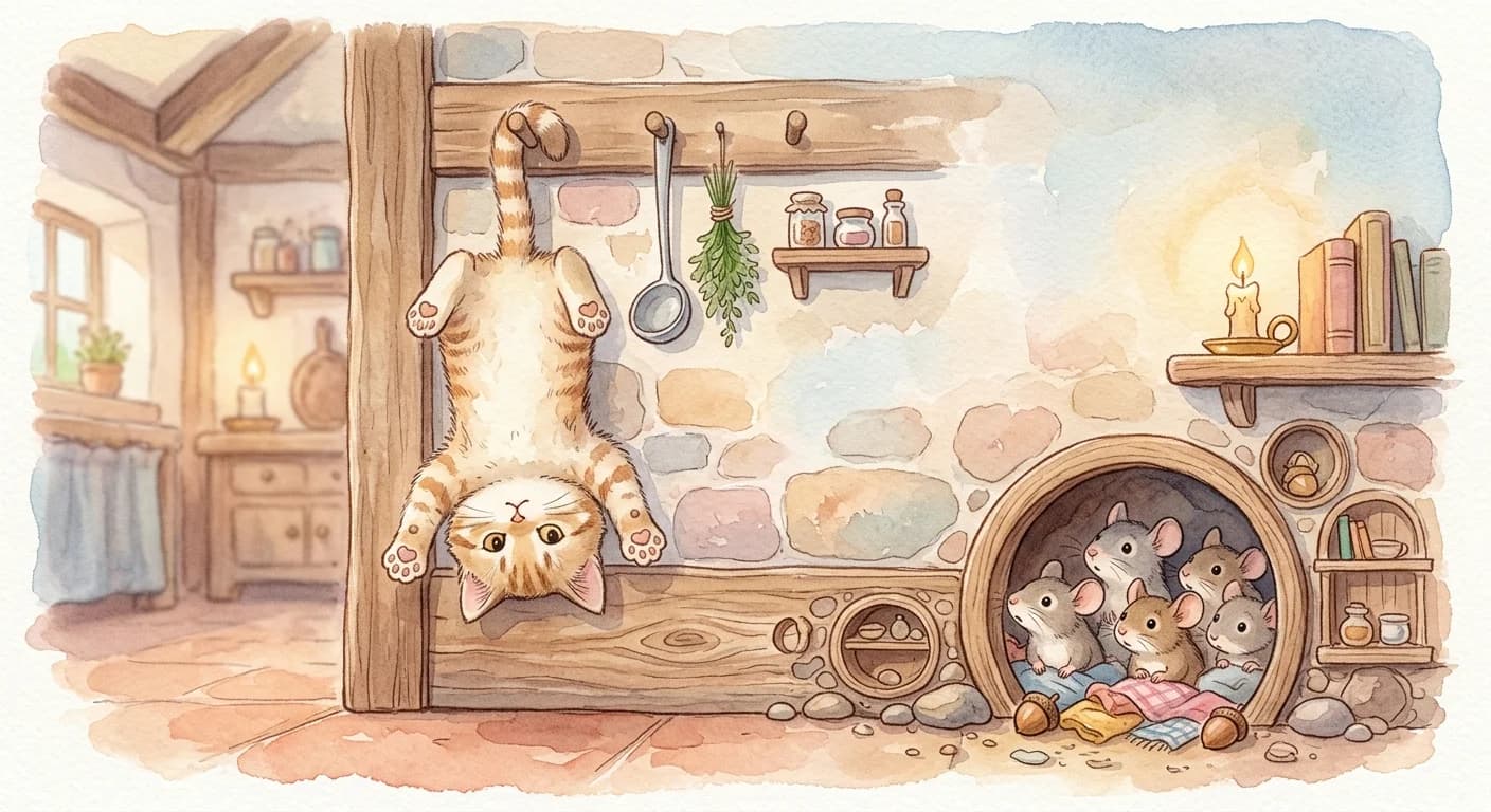 The cat hanging upside down like a sack from a peg while wary mice refuse to come out after learning its tricks