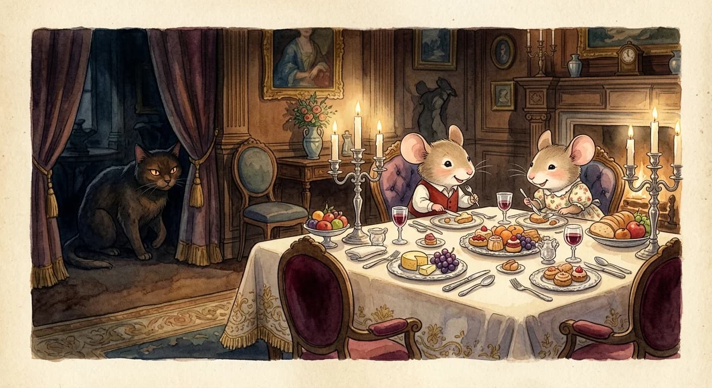 Two mice feasting on luxurious food on a grand dining table in a mansion, a large cat lurking in shadows