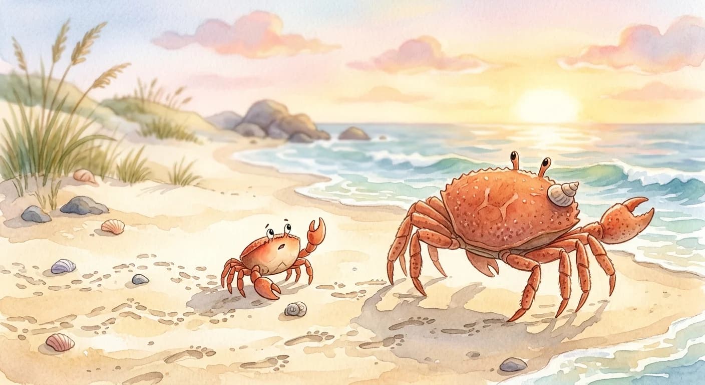 The young crab asking the mother to demonstrate how to walk straight and gently exposing the contradiction