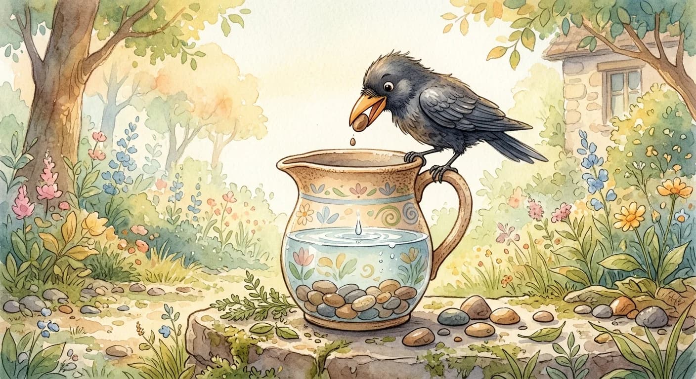 A clever crow dropping small pebbles one by one into the pitcher, water level rising