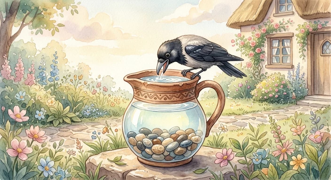 A happy crow drinking water from the now-full pitcher with pebbles visible inside