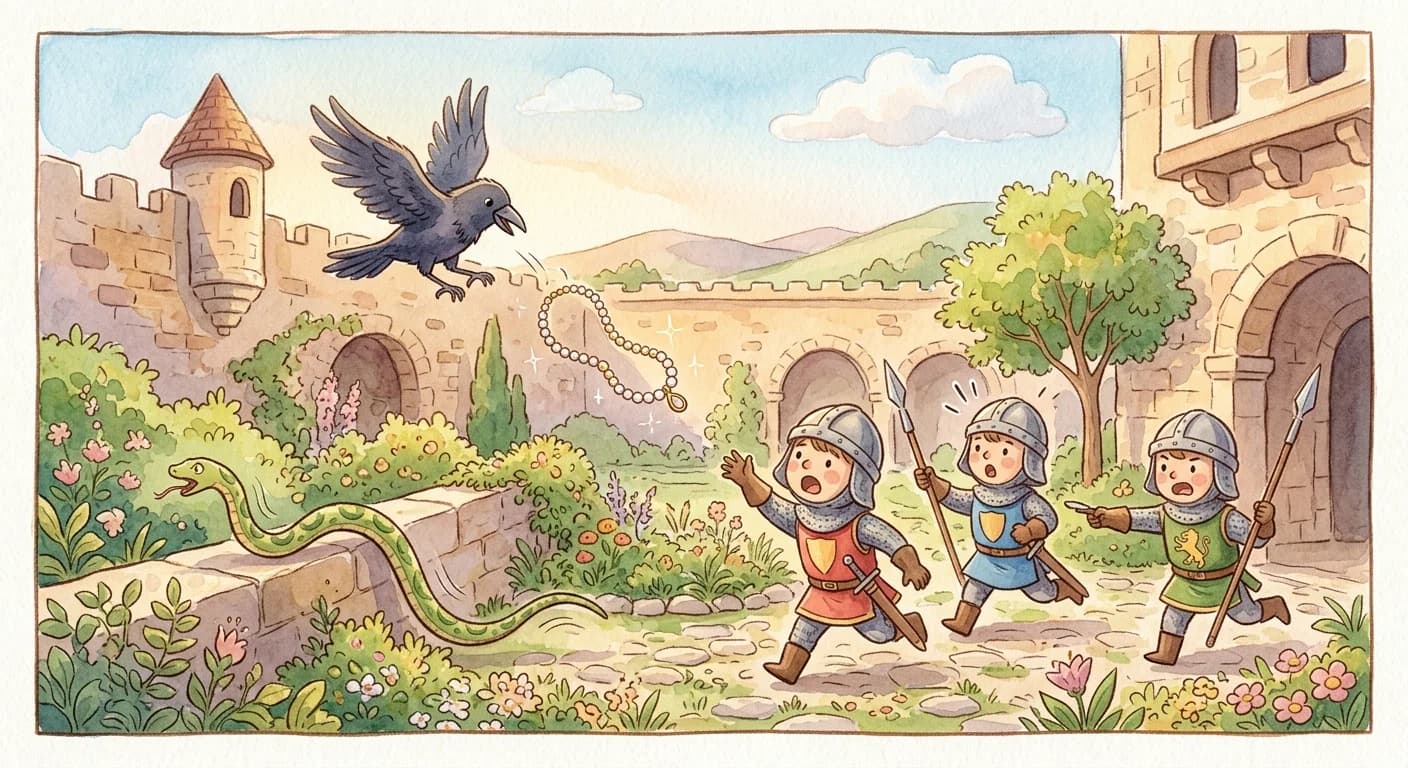 The crow dropping a queen's necklace into a courtyard so guards chase the snake away while reclaiming the treasure