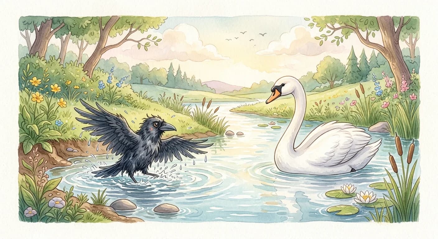 The crow washing itself again and again in the water until it grows weak, while the swan remains graceful