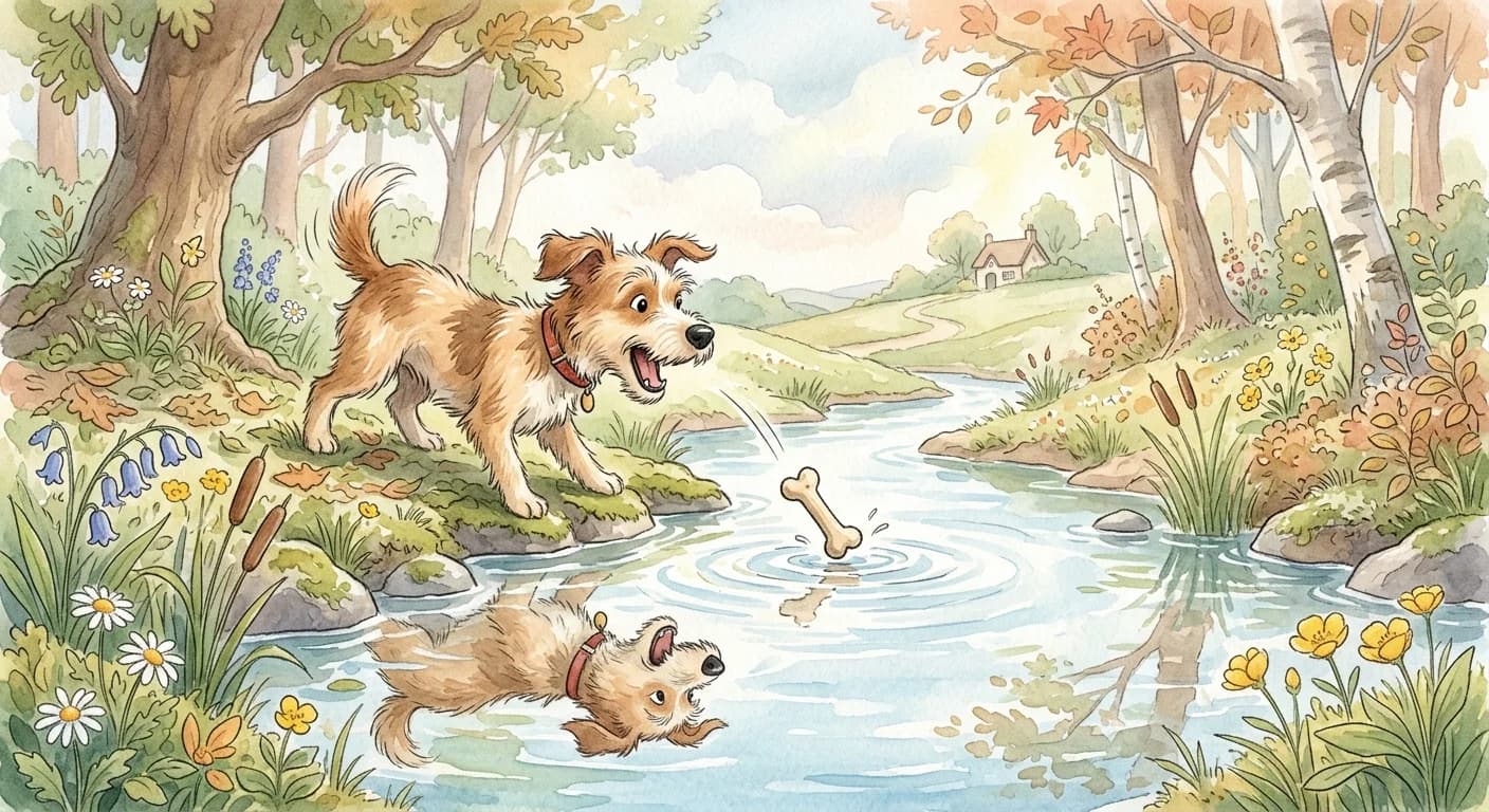 A dog barking at its own reflection in the water below, the bone falling from its mouth into the stream