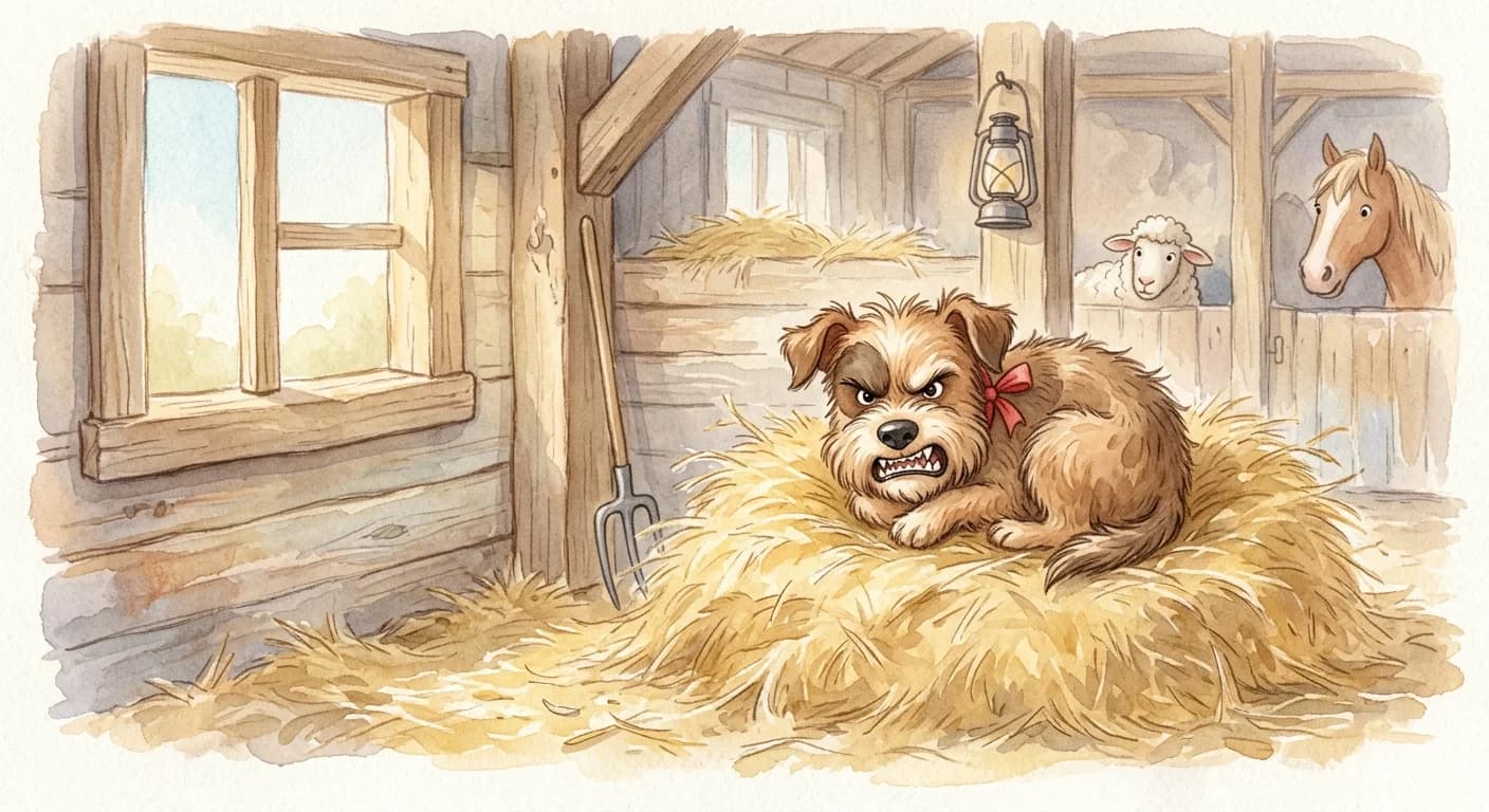 The dog snarling and refusing to move even though it cannot eat the hay itself