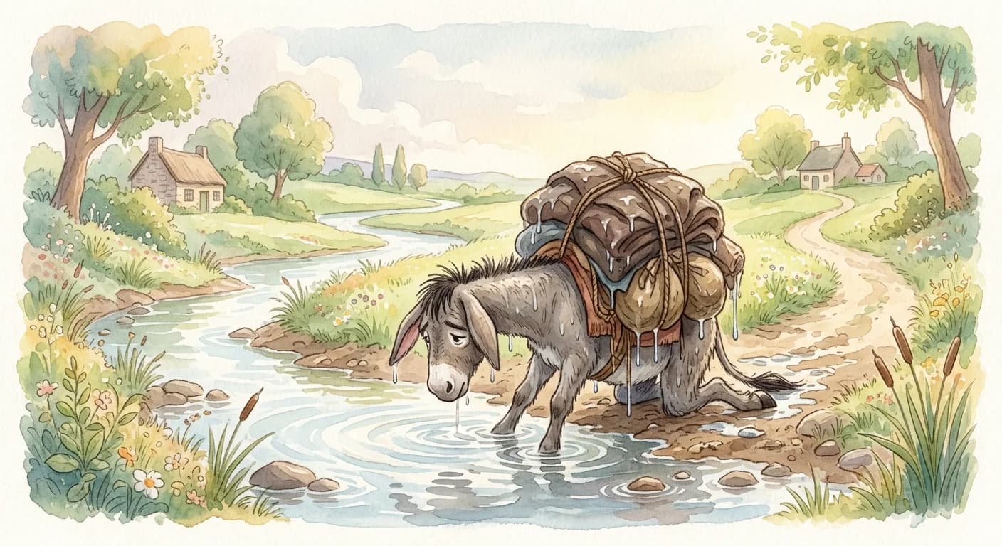 The donkey collapsing under an even heavier soaked load after trying the same trick in the water