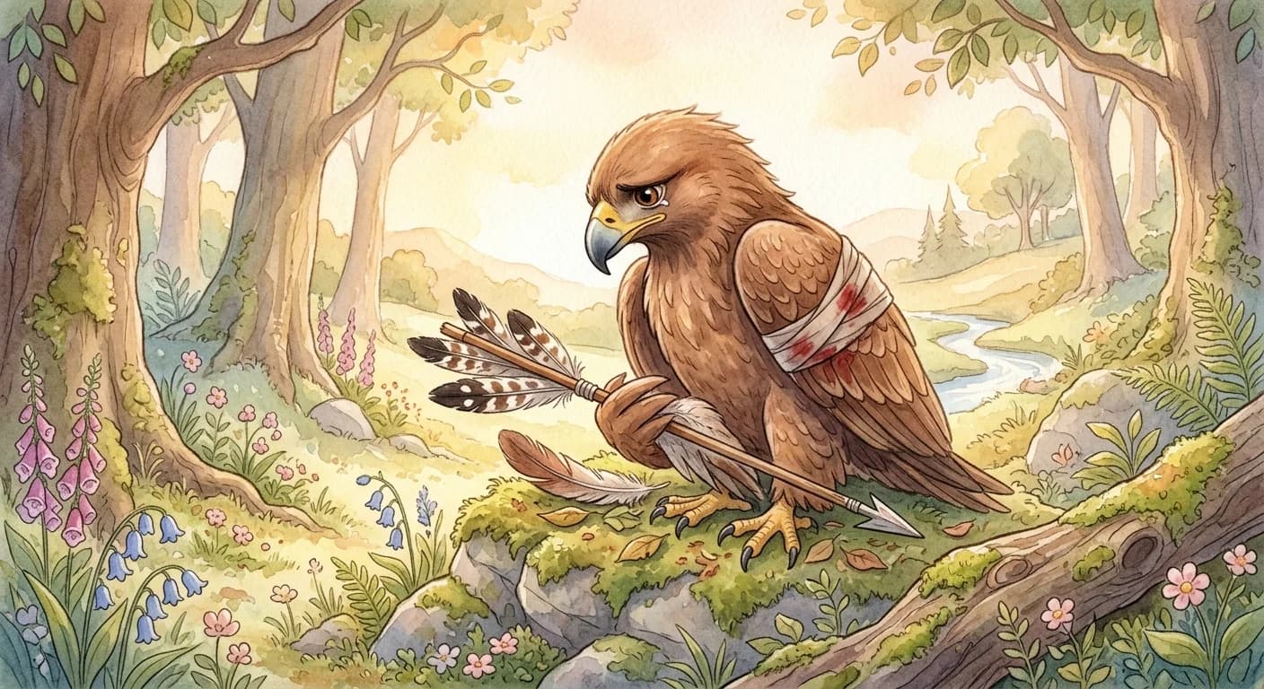 The wounded eagle noticing that the arrow's feathers came from another eagle and grieving at the sight