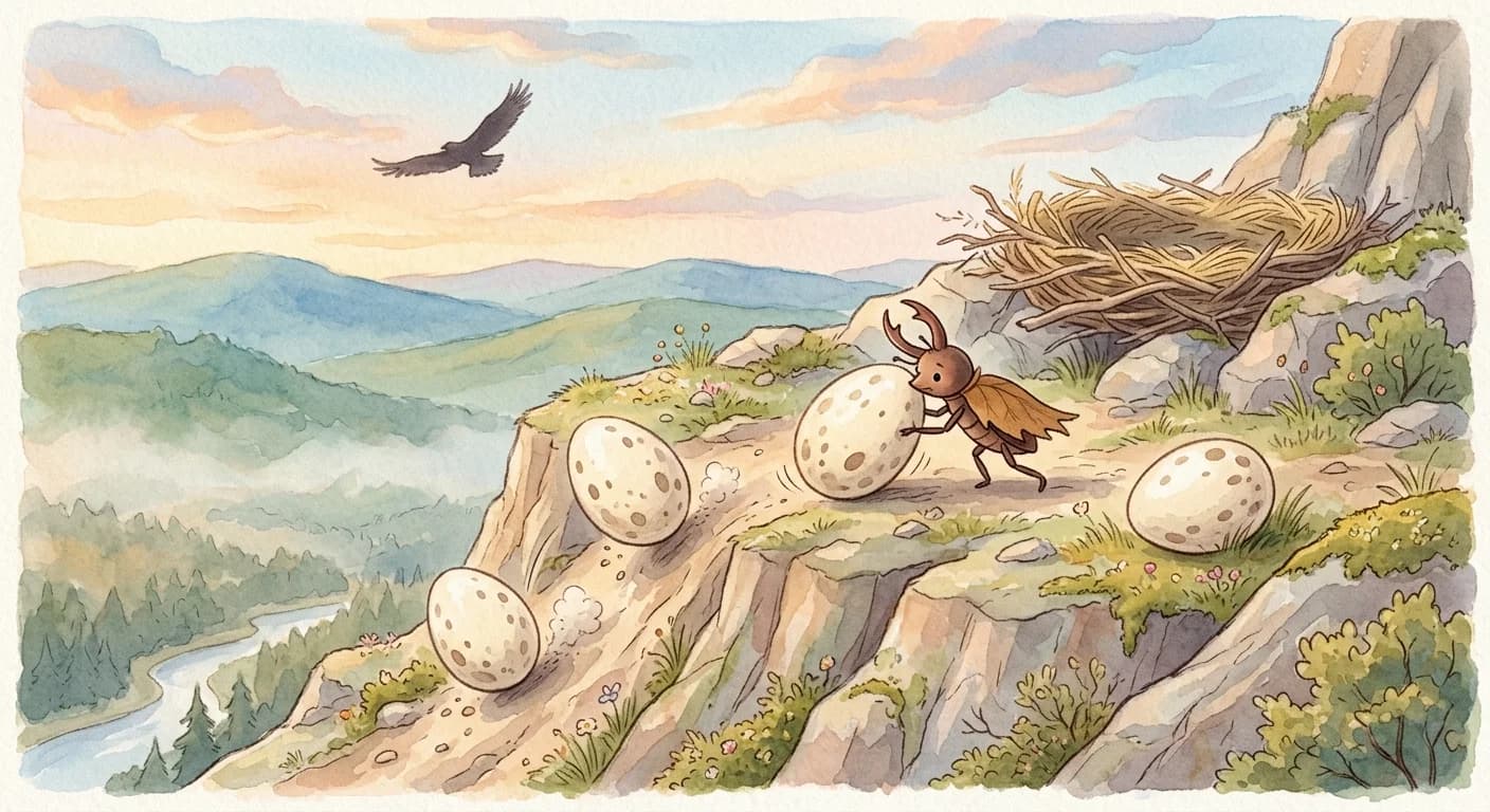 The small beetle rolling the eagle's eggs from a cliff in revenge after the eagle ignores its plea