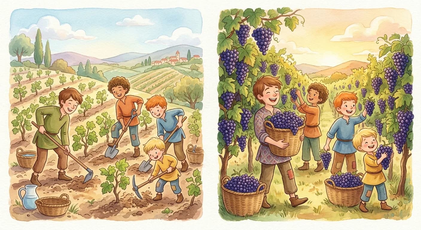 The sons digging the vineyard together and later harvesting heavy clusters of grapes after discovering that hard work was the true treasure