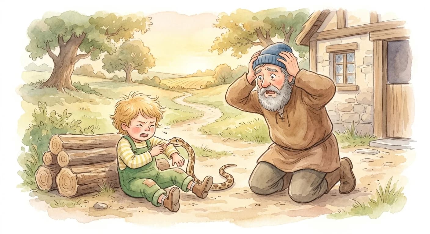 The revived snake biting the farmer's child as the horrified farmer realizes that kindness to the wicked can be dangerous