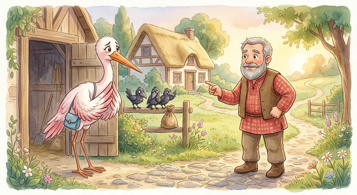 The stork pleading for mercy while the farmer points out that it kept company with thieves