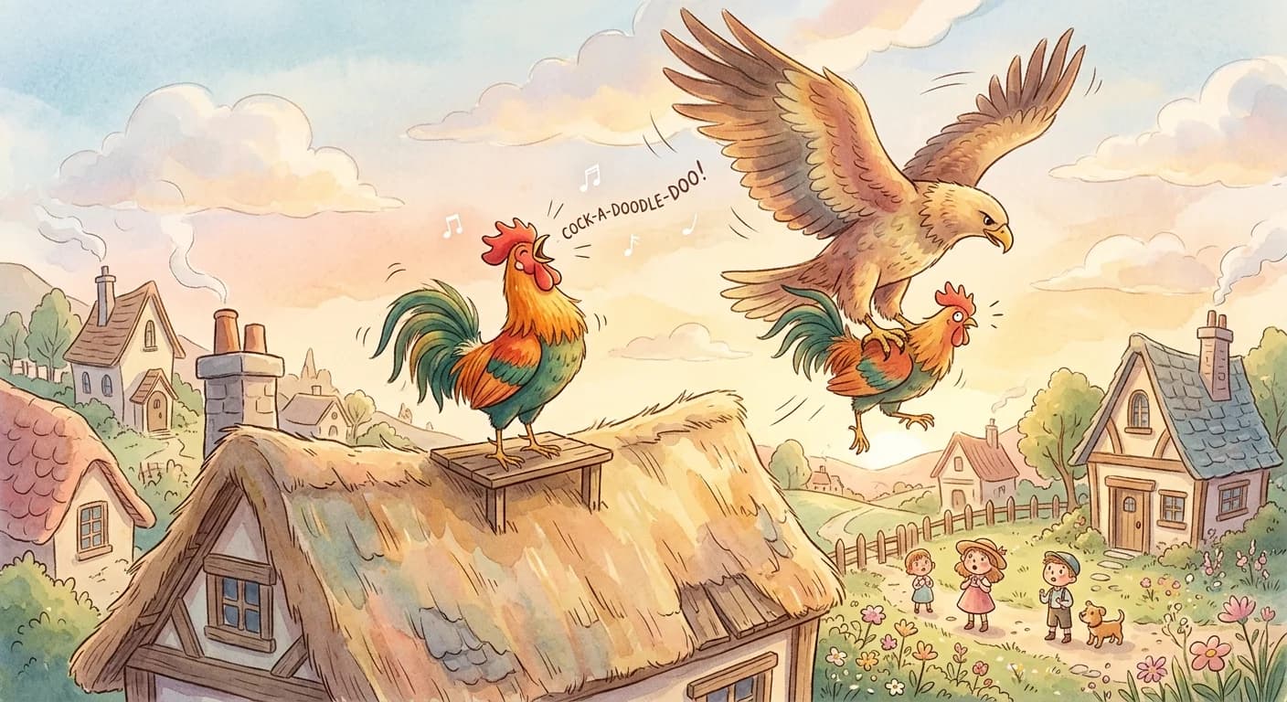 The winning rooster crowing proudly from a rooftop until an eagle swoops down and carries it away