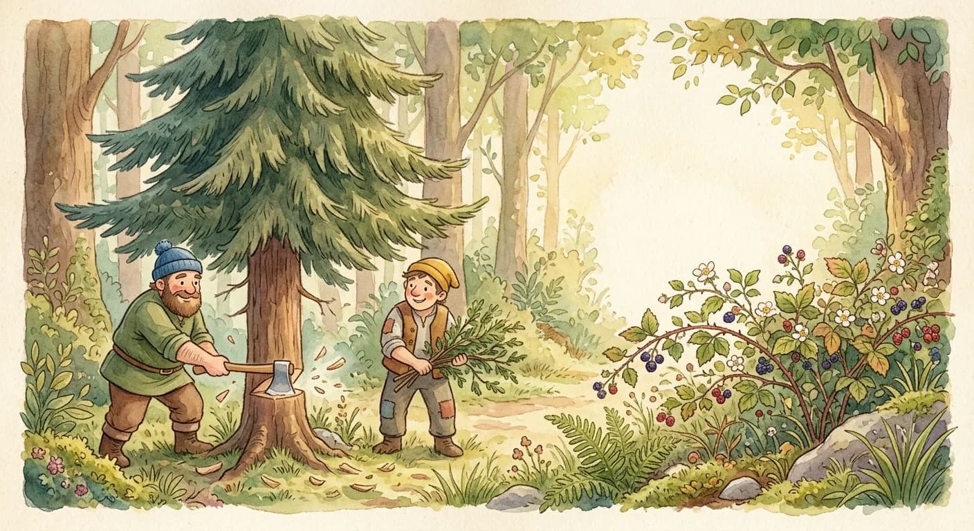 Woodcutters chopping down the proud fir while the humble bramble remains untouched