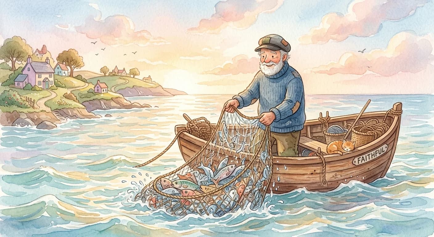 The fisherman later casting a net successfully and remarking that work achieves what idle wishing cannot