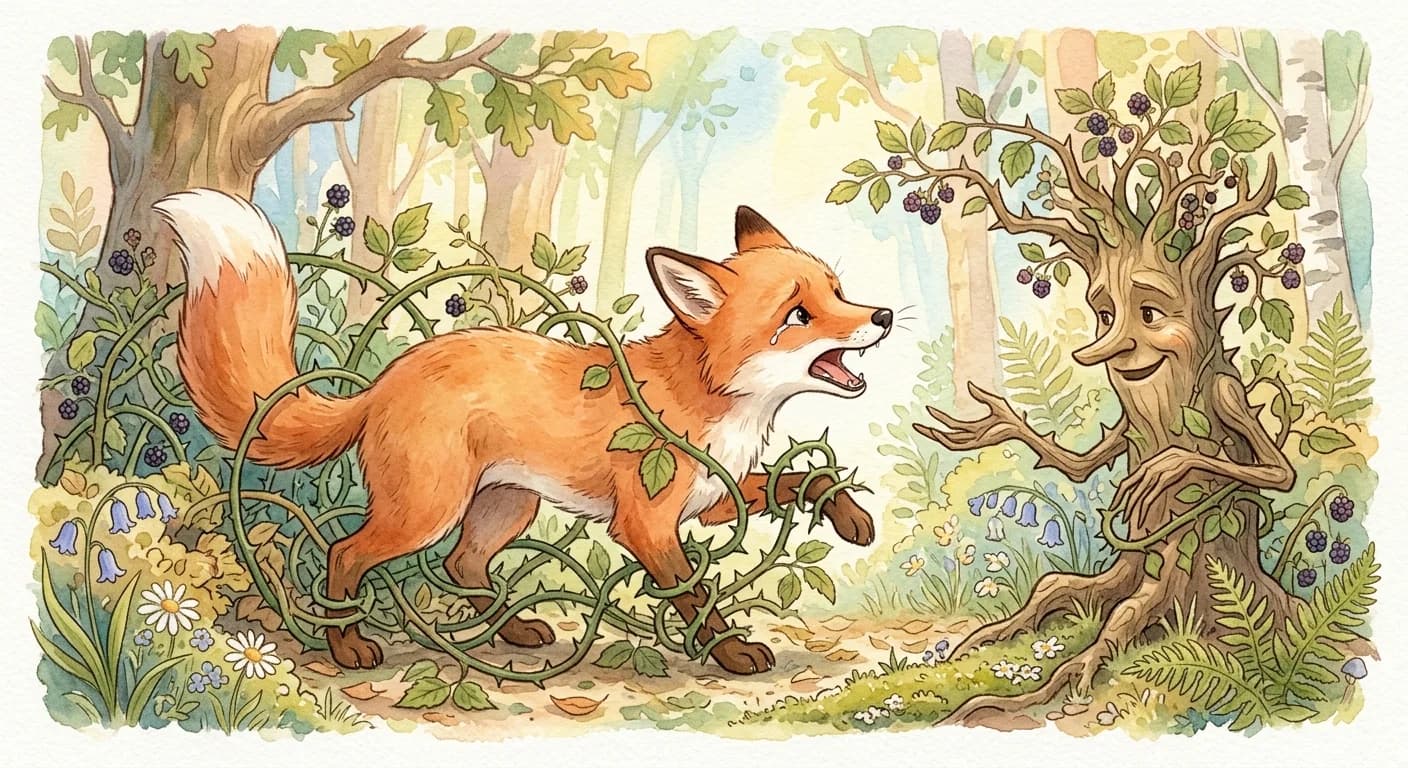 The fox yelping as the thorns cut its paws and the bramble replies that it always clings sharply to whoever touches it