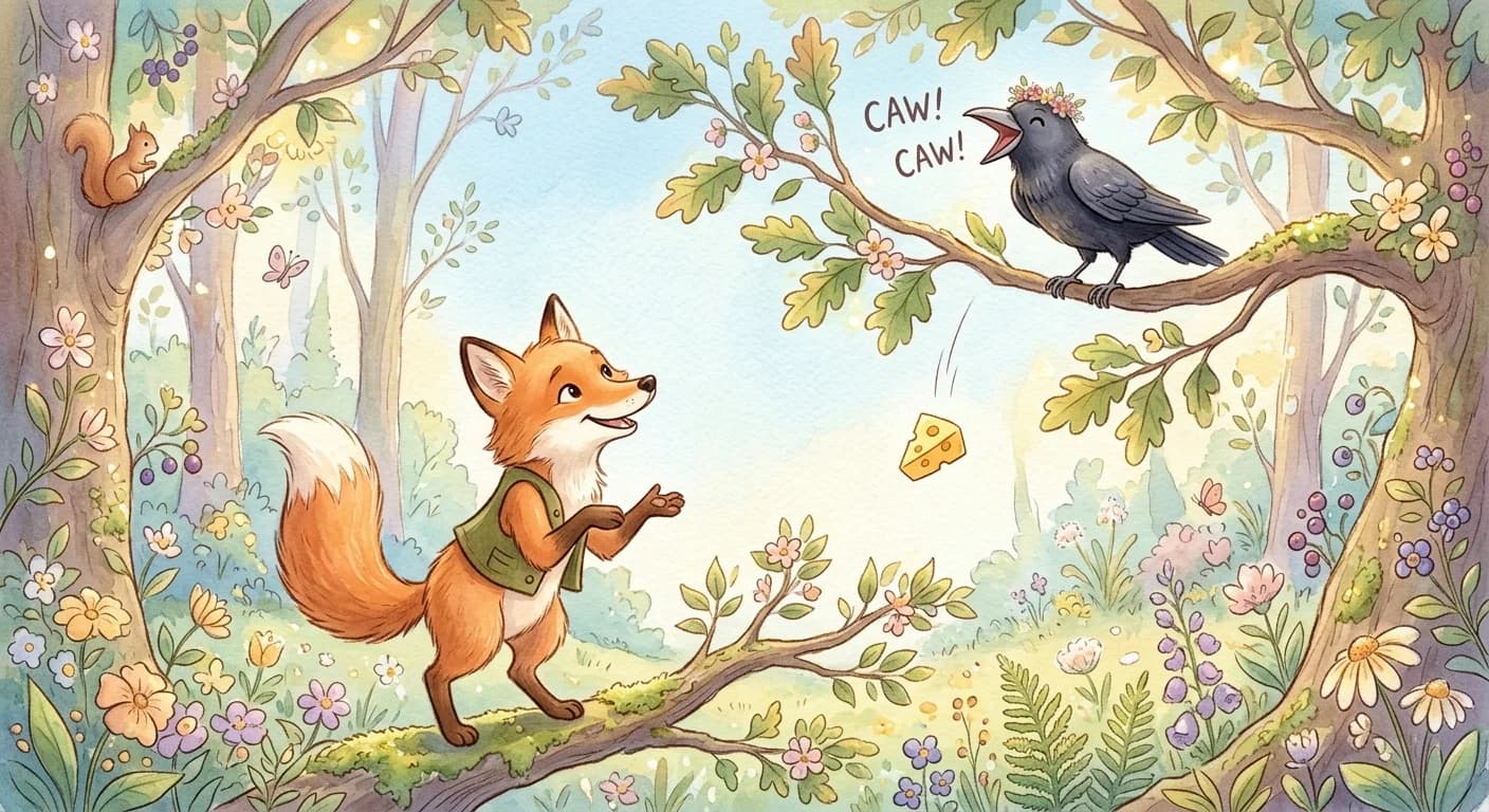A fox flattering the crow with sweet words, the crow opening its beak to sing and dropping the cheese
