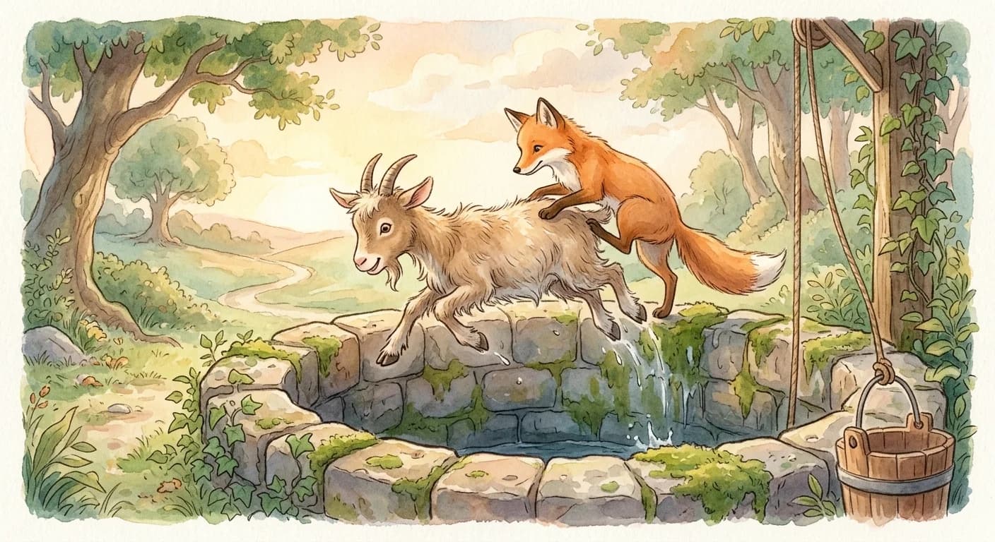 A thirsty goat jumping into the well before the fox climbs out on the goat's back and leaves it behind