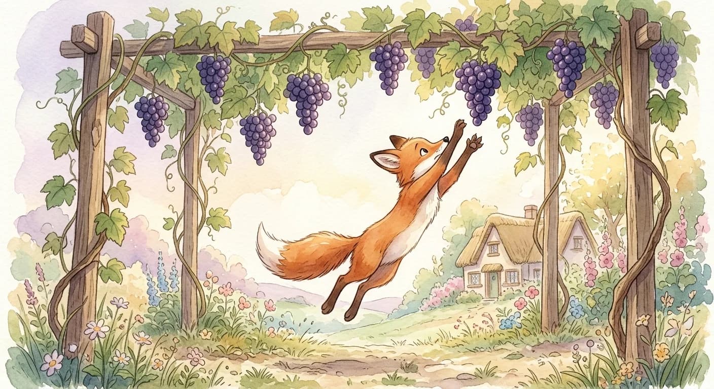 A fox jumping and stretching with great effort trying to reach the high grapes but failing