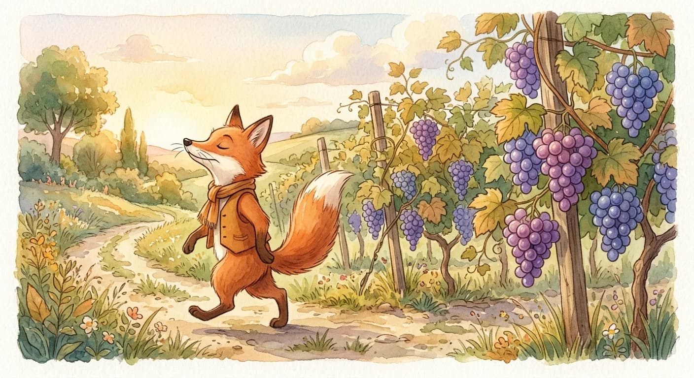 A fox walking away with nose in the air and a dismissive expression, grapes visible behind