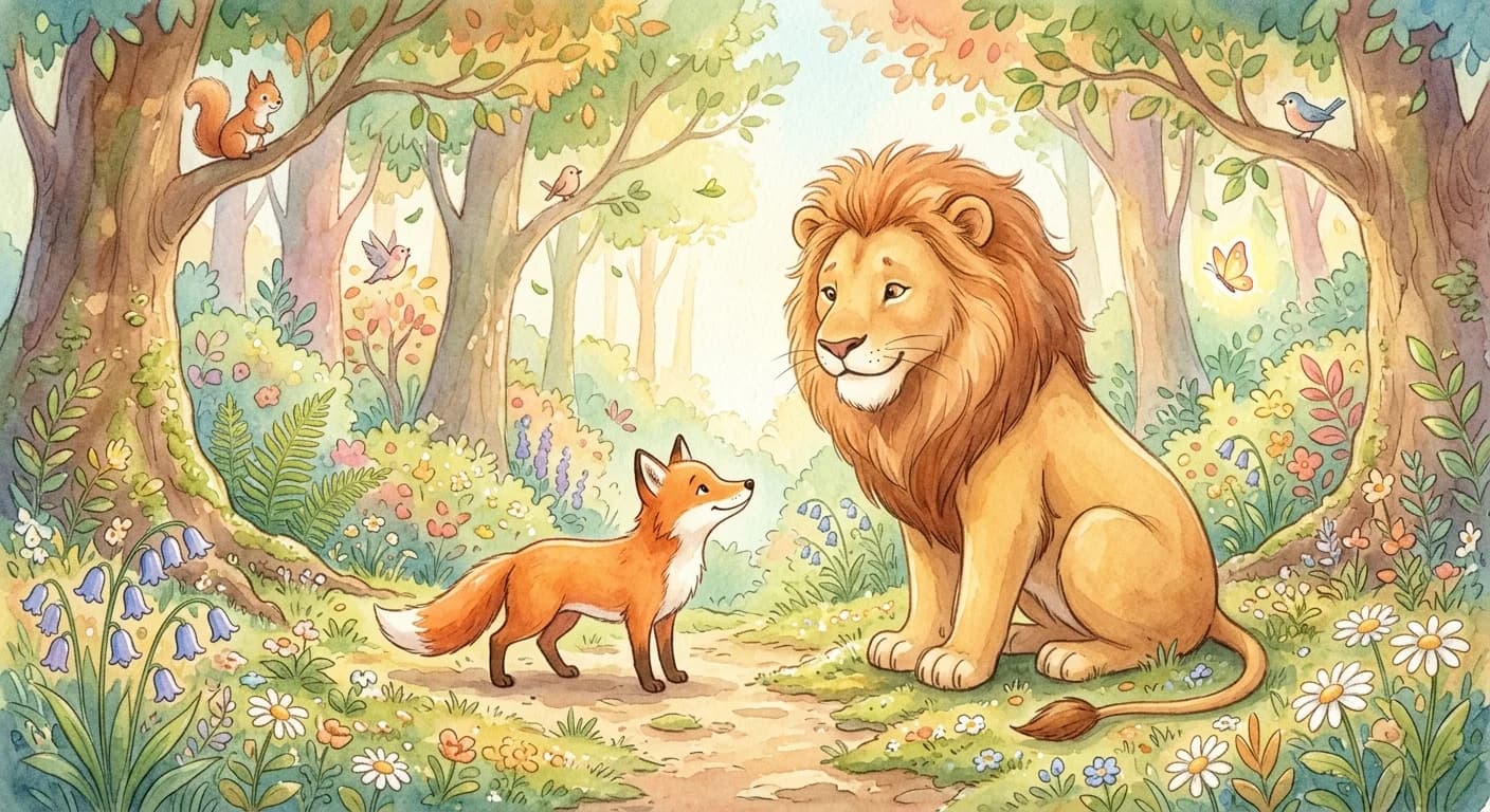 The same fox calmly greeting the lion after meeting it many times and losing its fear