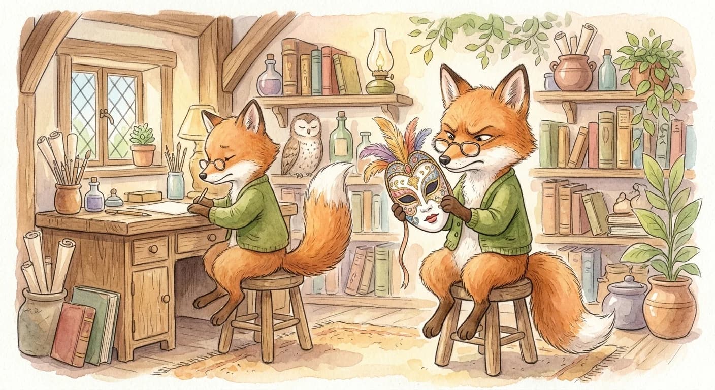 The fox studying the beautiful mask closely and remarking that it has a fine head but no brain