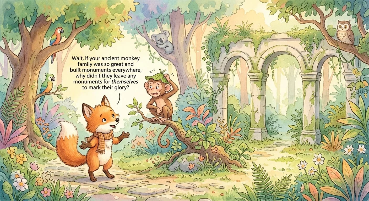 The fox asking why the monkey's supposed ancestors never built monuments for themselves and exposing the empty boast