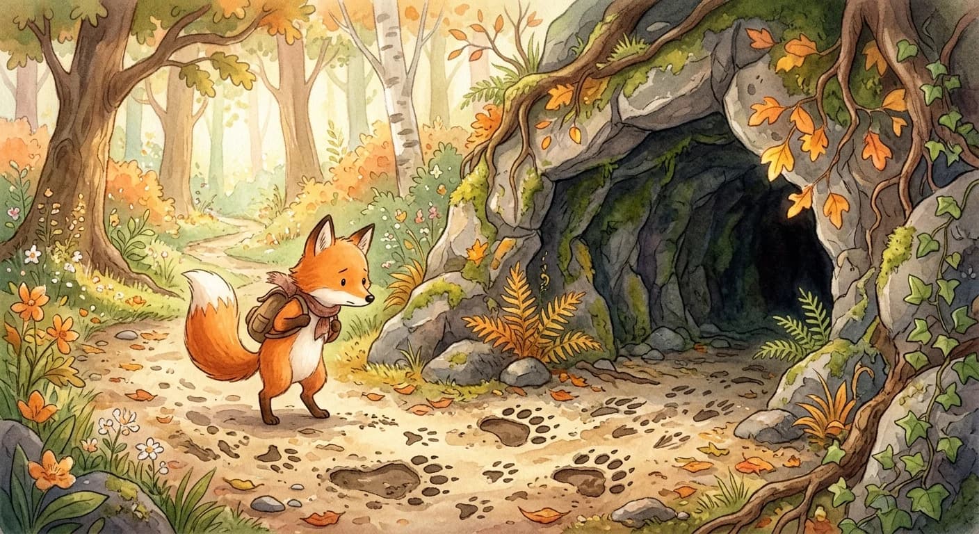 A fox staying outside the cave and refusing to enter after studying the tracks in the dust