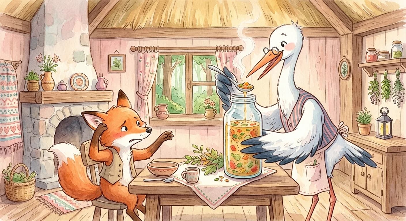 A stork later serving food in a tall narrow jar while the embarrassed fox cannot reach inside