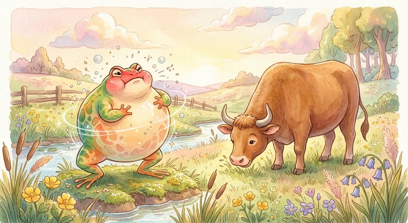 The frog puffing itself larger and larger before bursting while the ox looks on calmly