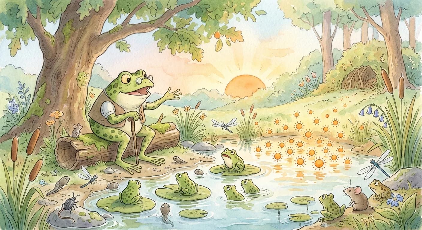 An older frog warning that if even one sun dries their pond, many little suns would destroy them completely