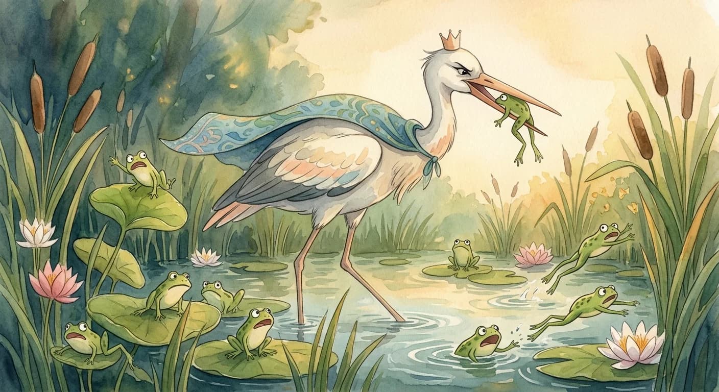 A stork sent as their new ruler stalking through the pond and swallowing the terrified frogs