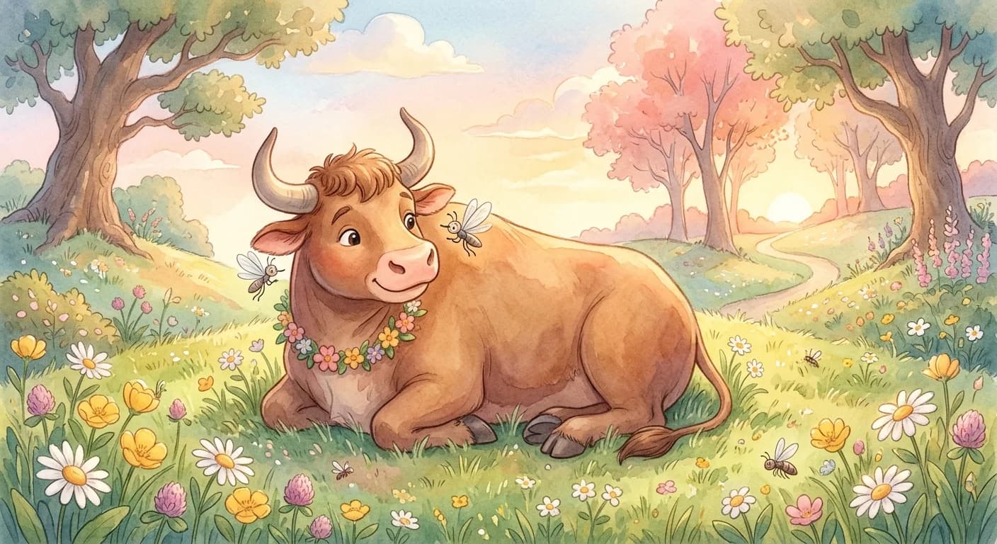 The gnat apologizing for being such a burden as it departs and the bull replying that it barely noticed