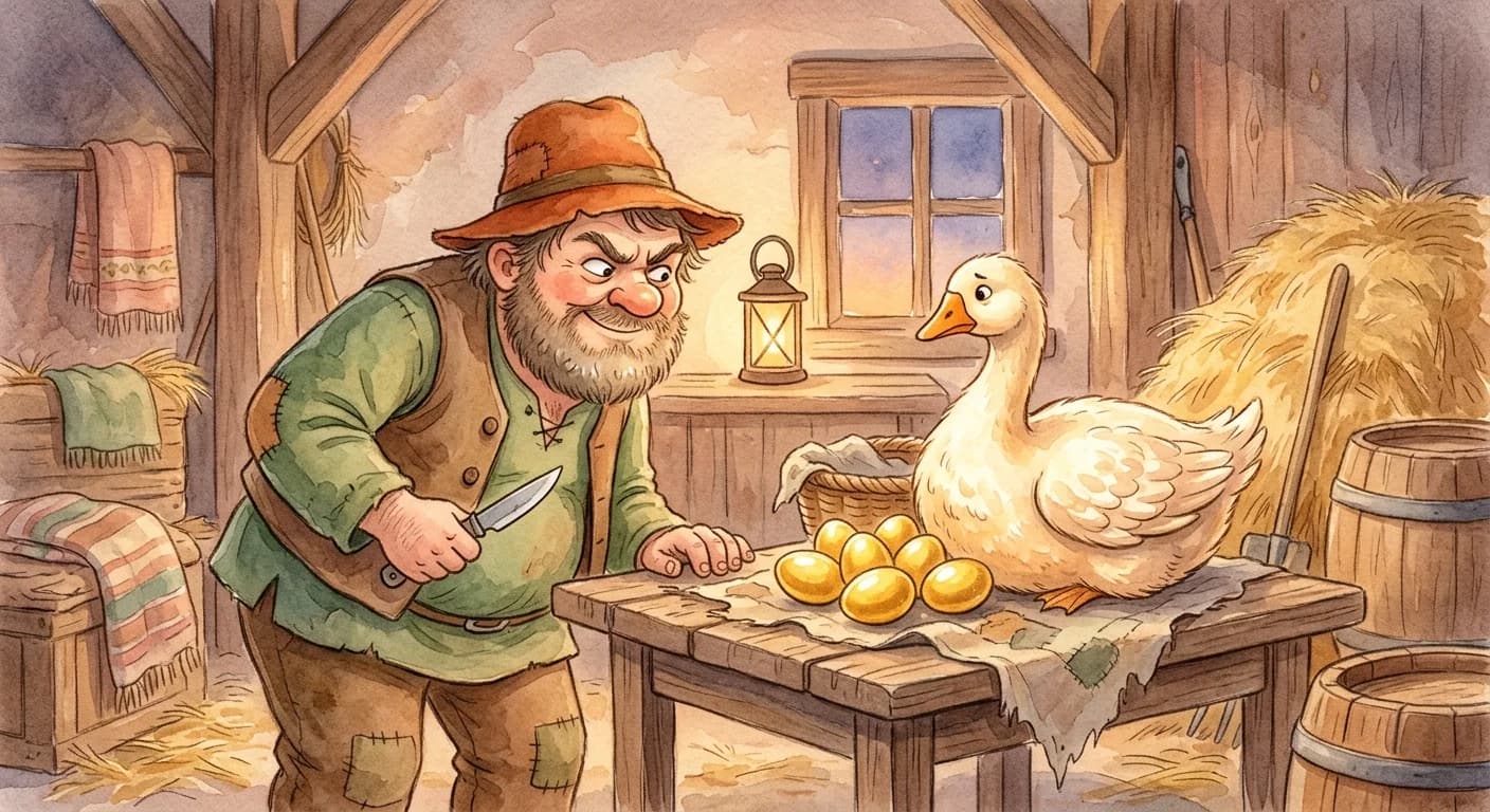 A greedy farmer with a knife looking at the goose with scheming eyes, golden eggs on a table