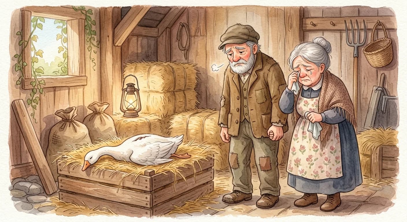 A sad farmer and wife looking at the lifeless goose, no golden eggs inside, regretting their greed