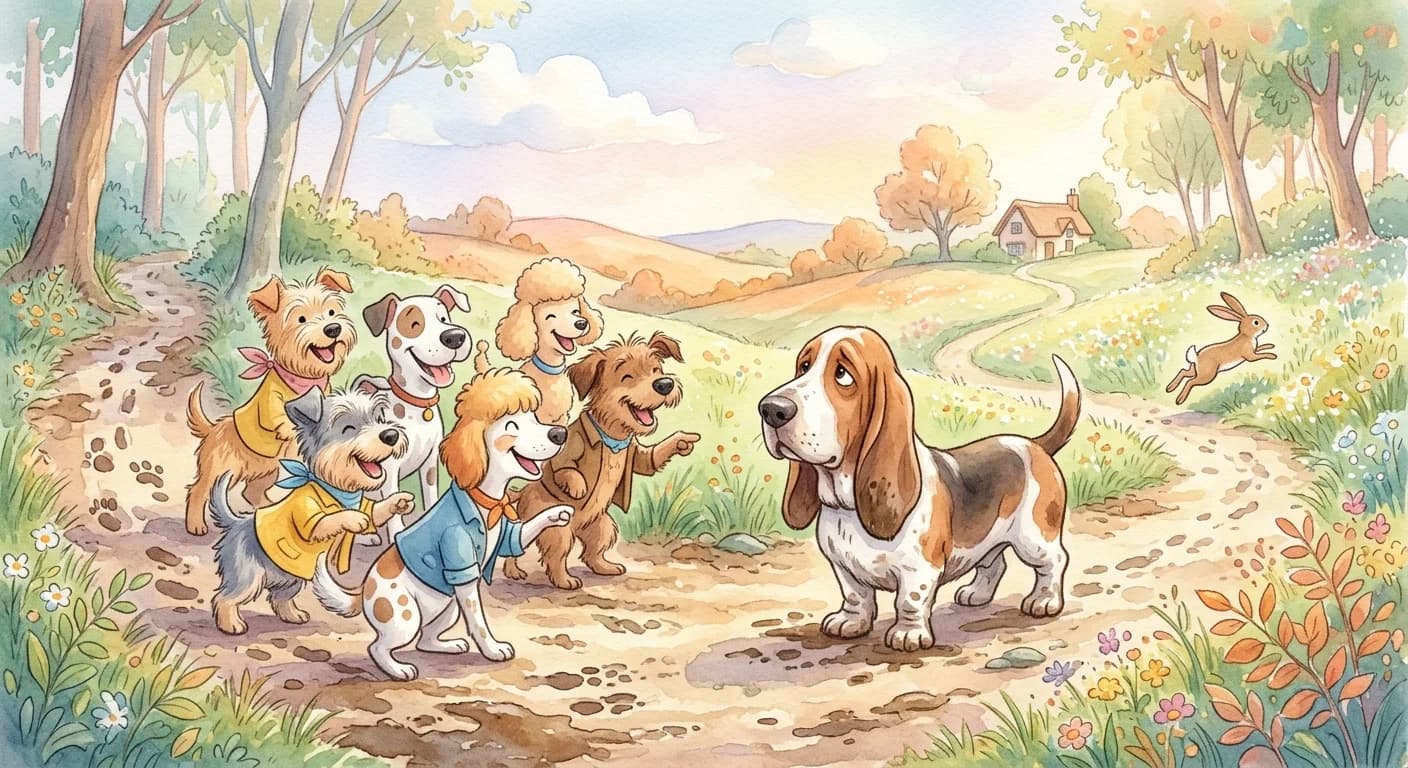 Other dogs mocking the hound when the hare escapes, while the hound replies that one ran for dinner and the other for life