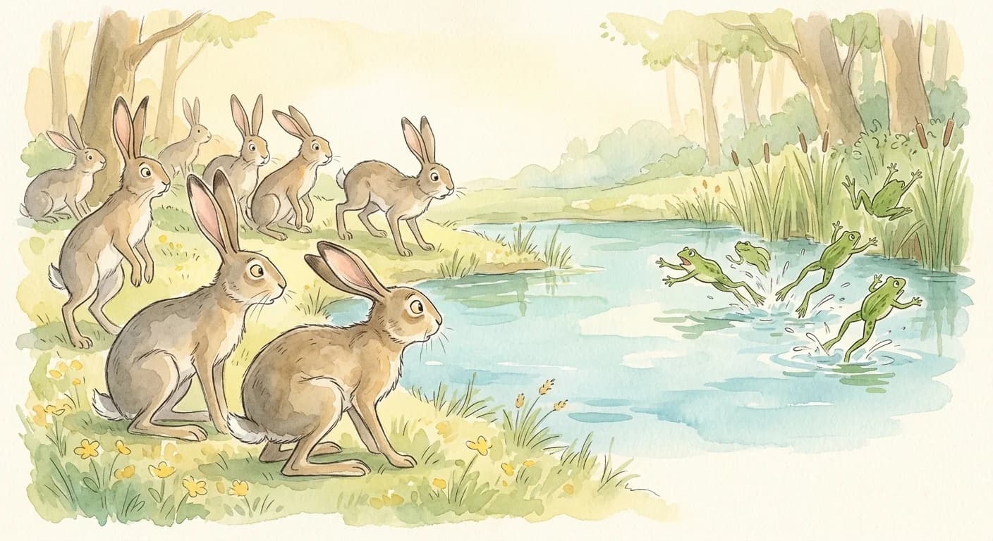 The hares stopping when they see the frogs jump away in even greater terror and realizing others fear more than they do