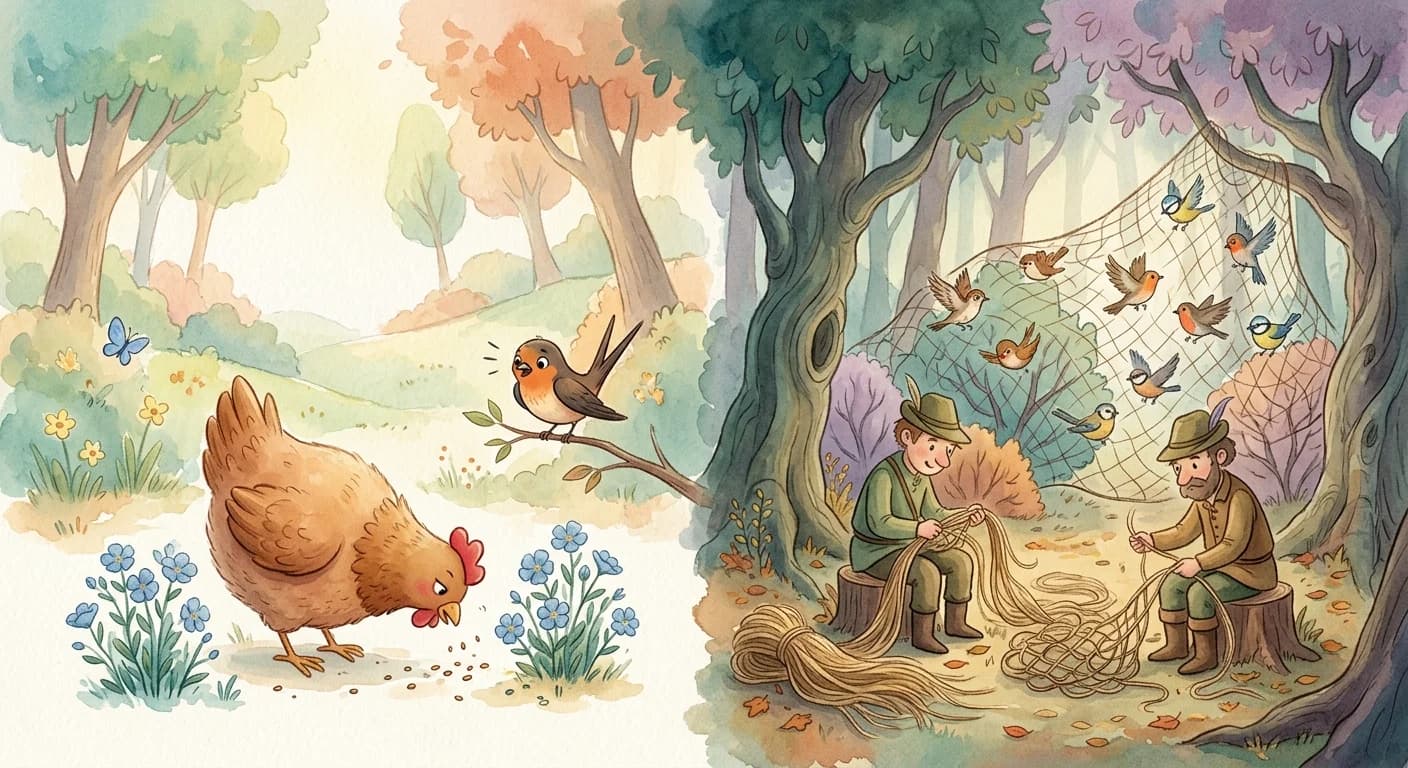 The hen ignoring the advice until hunters later weave nets from the flax and trap many birds