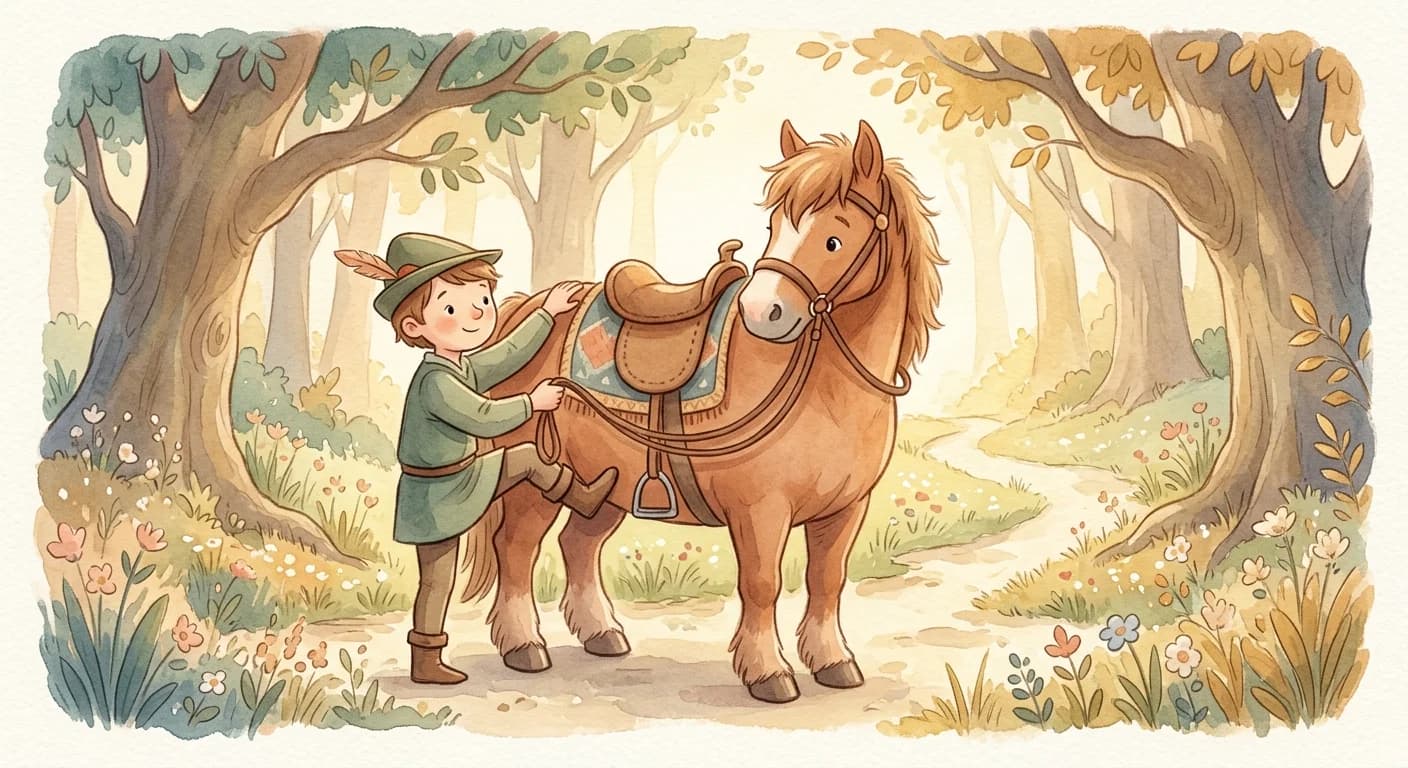 The hunter mounting the horse with bridle and saddle and keeping it under permanent control after the stag is gone